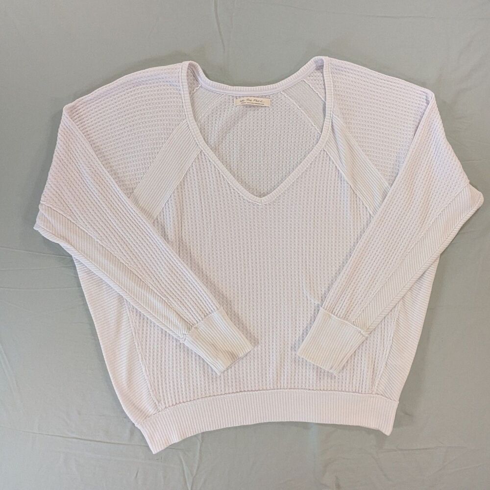 We The Free People White Waffle Knit V-Neck Thermal Top Medium